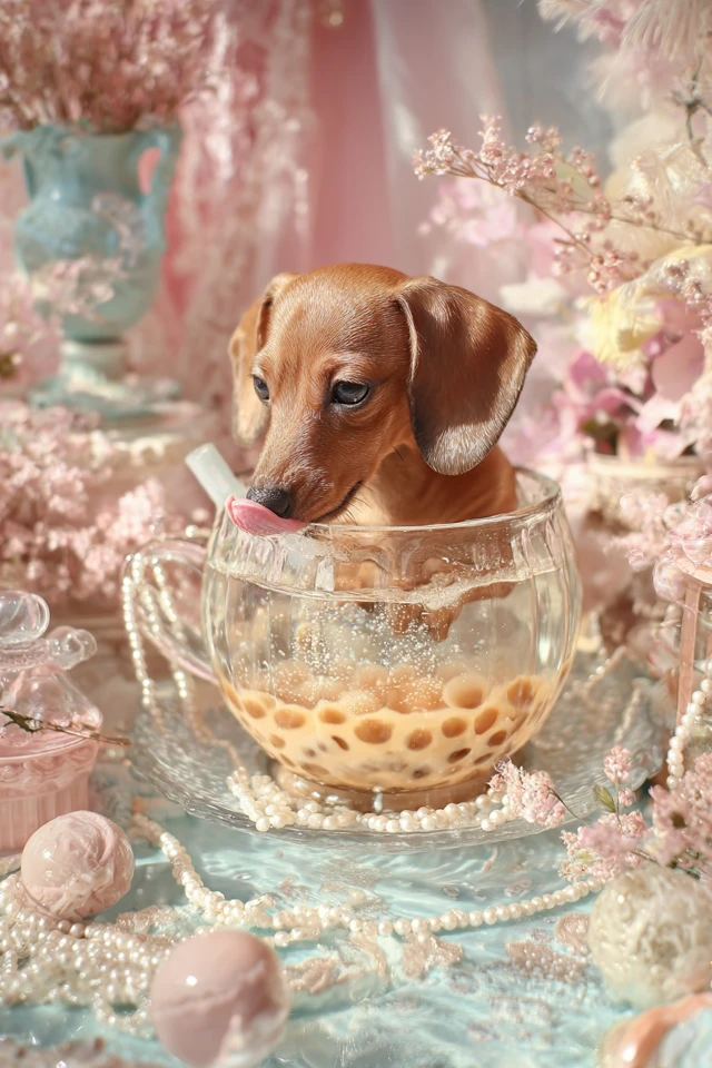Cute Dachshund in Milk Tea Vintage Pastel Scene