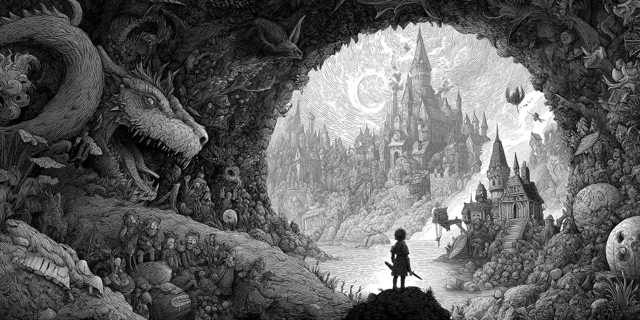 Fantasy Illustration Black and White Adventure