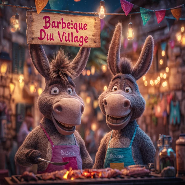 Donkeys Grilling at a Barbecue in Disney Pixar Style