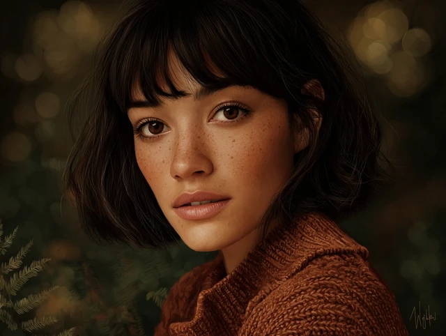 Beautiful Woman Portrait with Brown Hair and Freckles