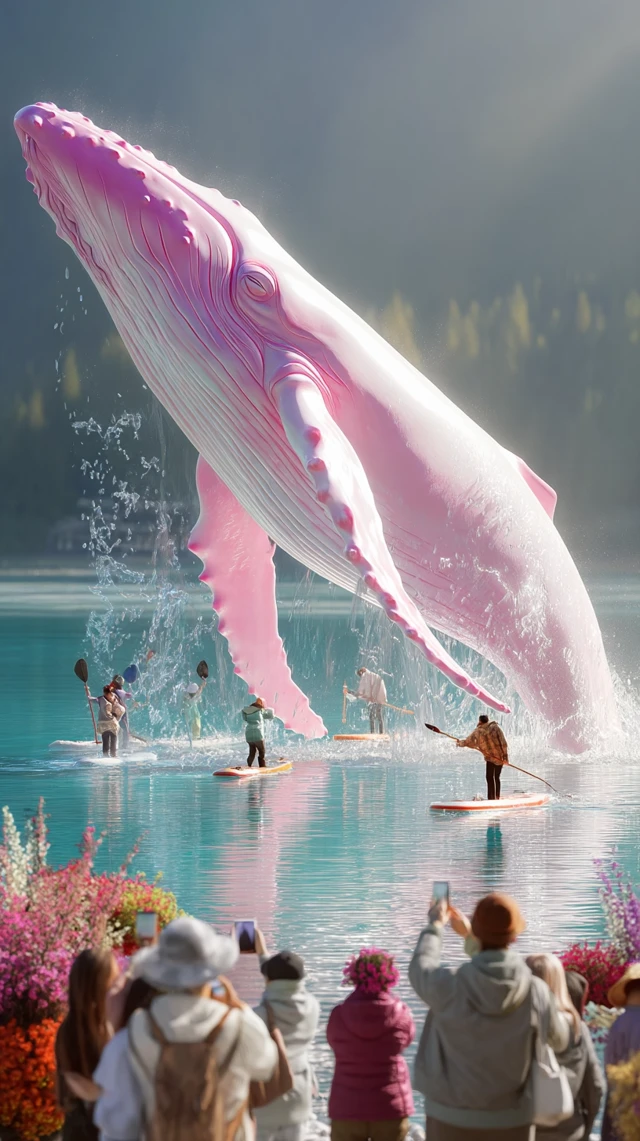 Pink Whale Breaching Lake, Chinese Crowd