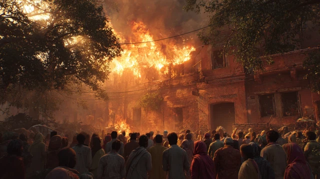Burning Houses in India Crowd and Flames