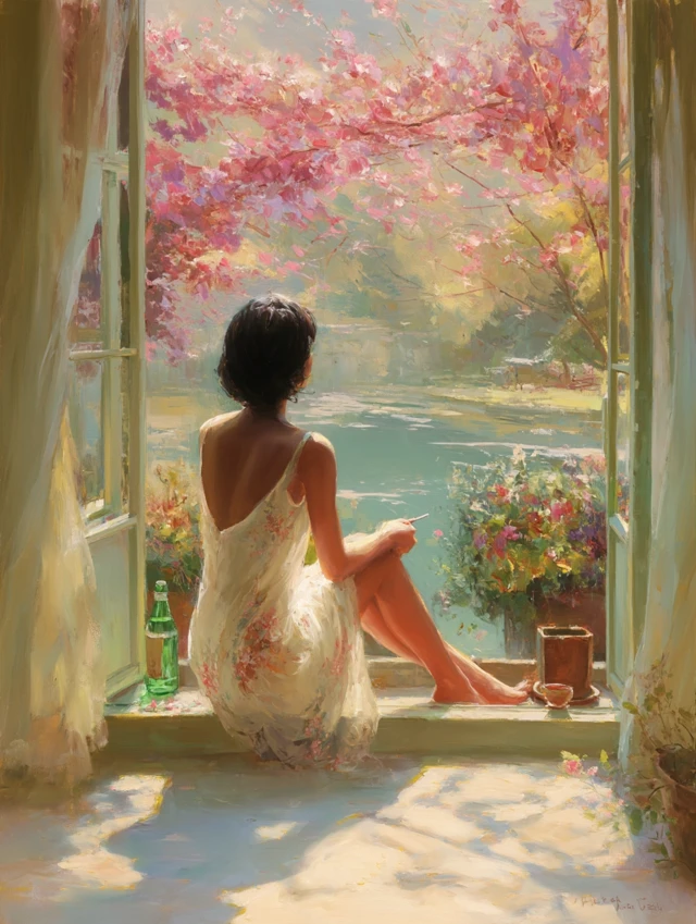 Impressionist Oil Painting Window View Sunlight