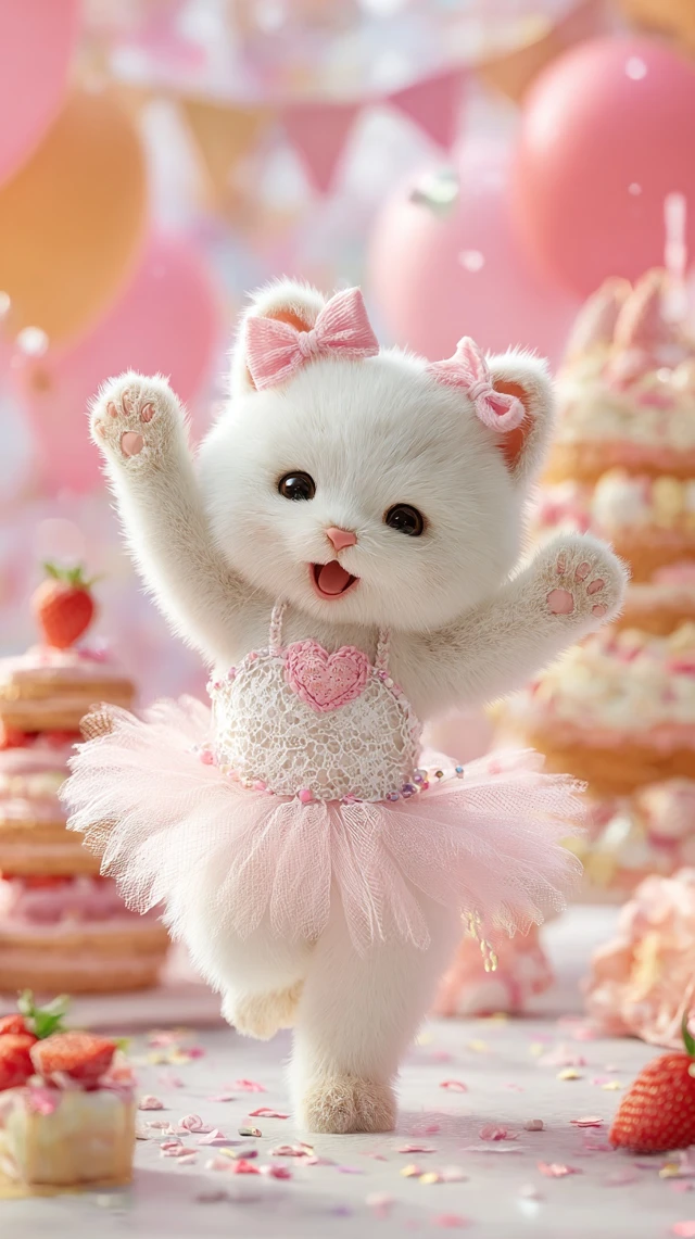 Adorable Dancing Cat in Pink Tutu Joyful Scene