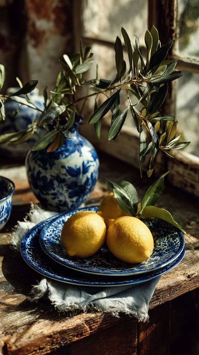 Mediterranean Still Life Lemons Blue Plates