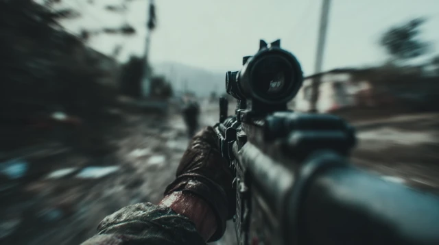 First Person Shooter POV Holding a Gun Realistic Photo
