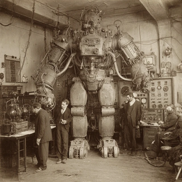 Vintage Robot Scientists in Victorian Era Workshop