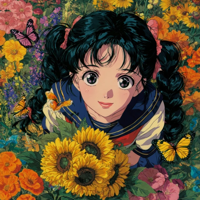 Mei in a Flower Bed Retro Anime Illustration