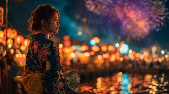 Japanese Woman Fireworks Festival Night Scene
