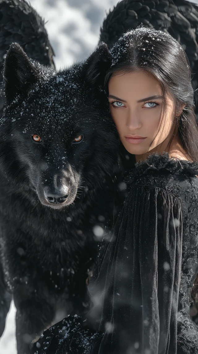 Woman with Angel Wings and a Black Wolf