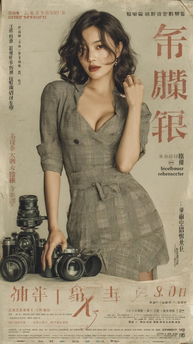 Vintage Poster Attractive Woman Camera Plaid Dress
