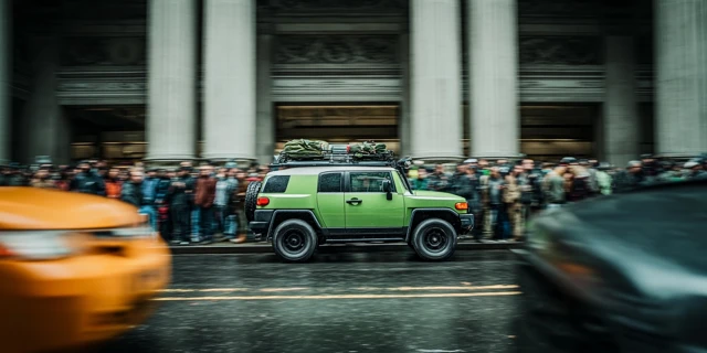 Toyota FJ Parrot Green Off Road Speeding Through Crowd