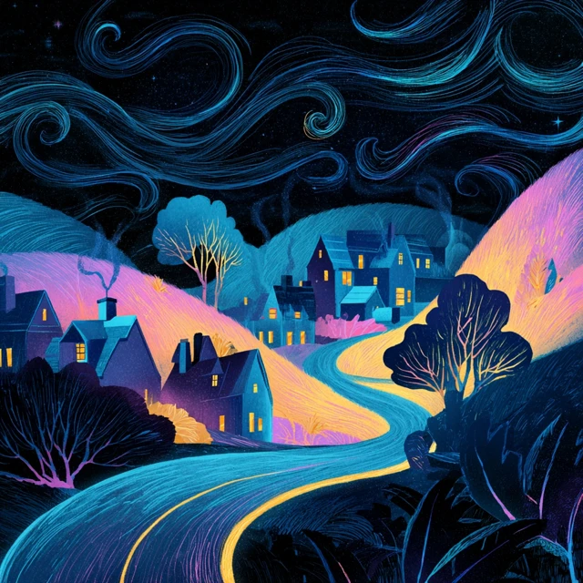 Neon Village Night Scene Tranquil Landscape