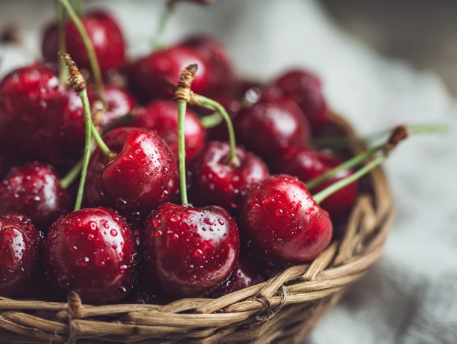 Fresh Cherries in Woven Basket Close Up