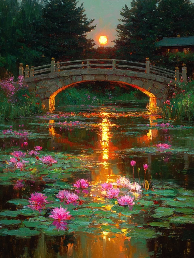 Impressionist Sunset Bridge Oil Painting