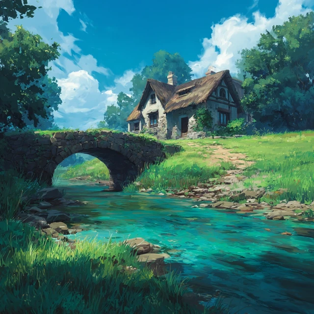 Cottage by a Stream: Summer Day Landscape