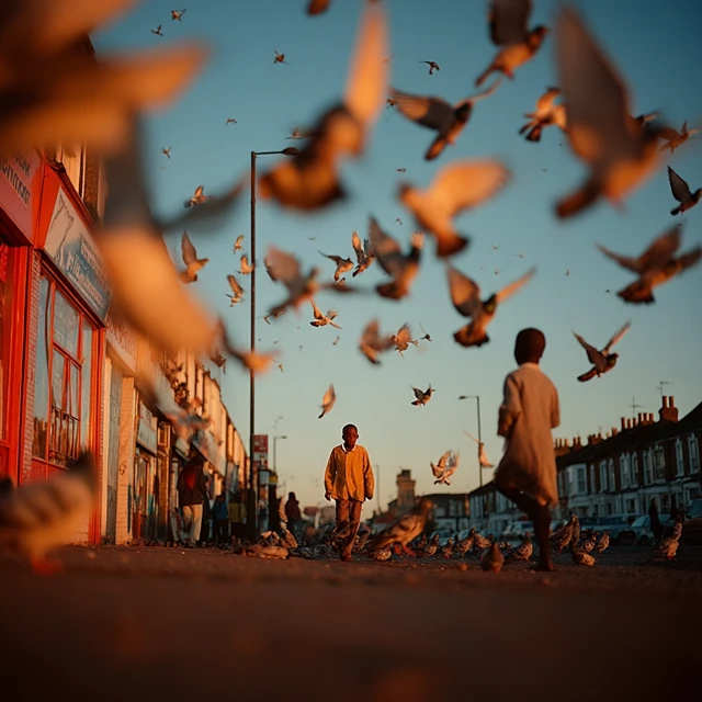 London Street Scene: Children Chasing Pigeons