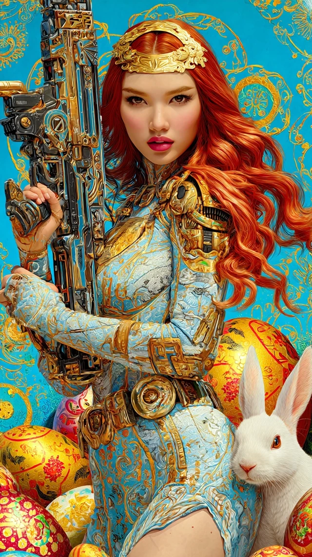 Asian Warrior Girl with Laser Gun and Cat