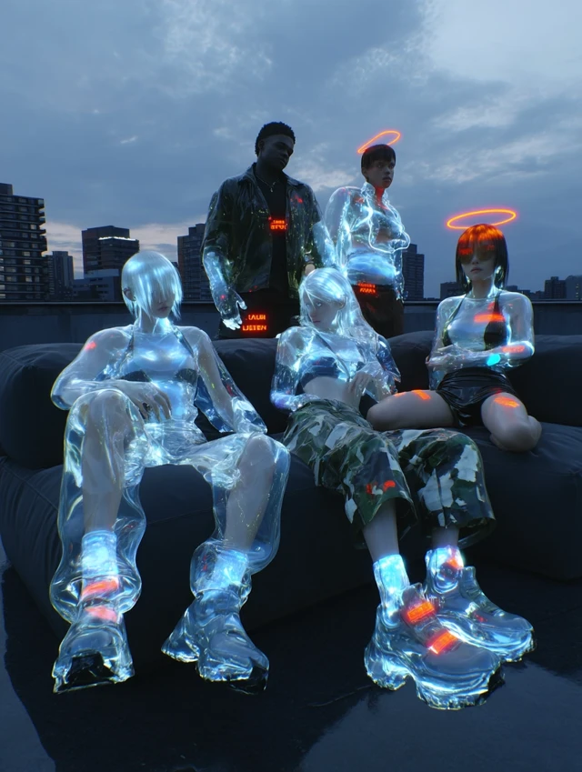 Cyberpunk Rooftop: Futuristic Youth in Neon City