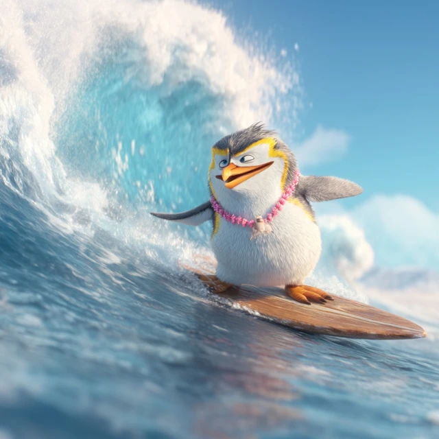 Surfing Penguin on a Wave 3D Animation