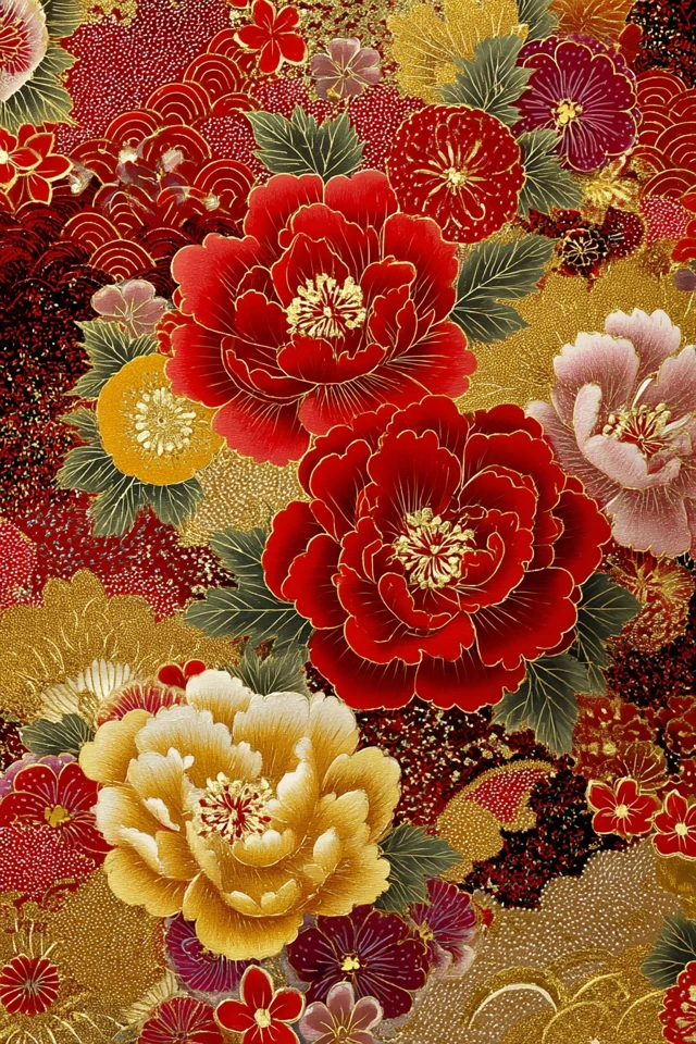 Japanese New Year Floral Pattern Gold and Red