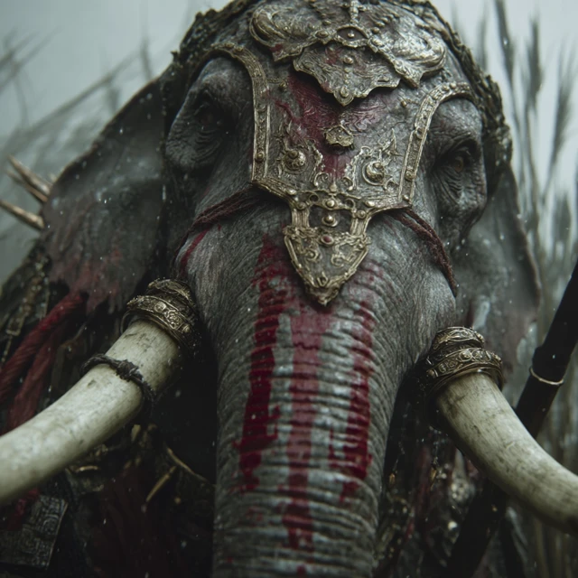 Battle Elephant Attacking From Low View Point