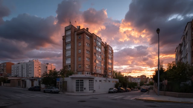 City Street Corner Buildings Sunset Clouds