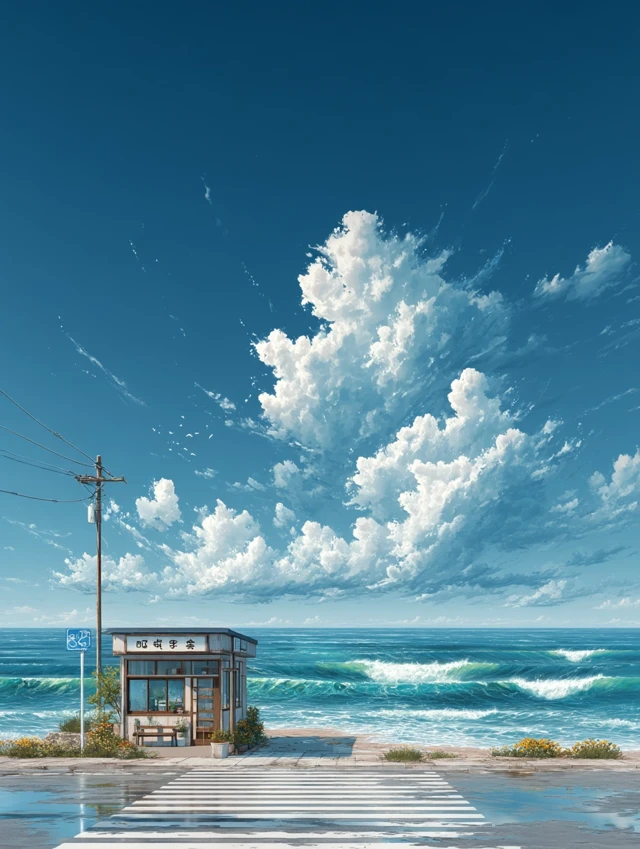 Anime Coastal Crosswalk Scene Illustration