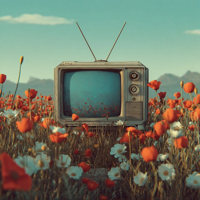 Vintage TV in Poppy Field Mid Century Modern Art