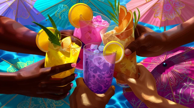 Tropical Cocktails Friends Clinking Drinks Poolside Summer
