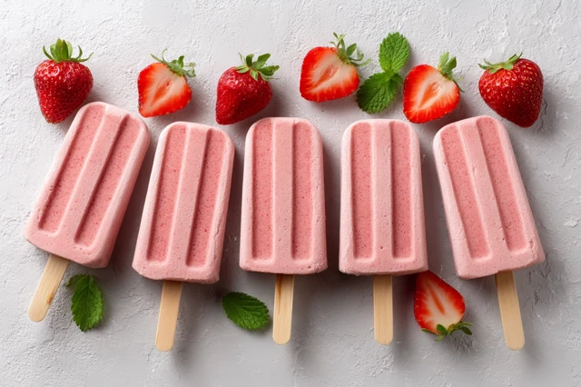 Homemade Strawberry Popsicles on White Background