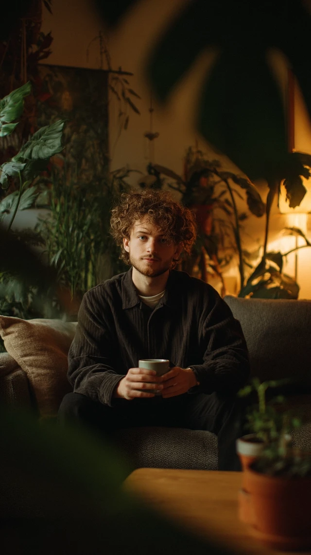Man Relaxing in Cozy Living Room Drinking Coffee