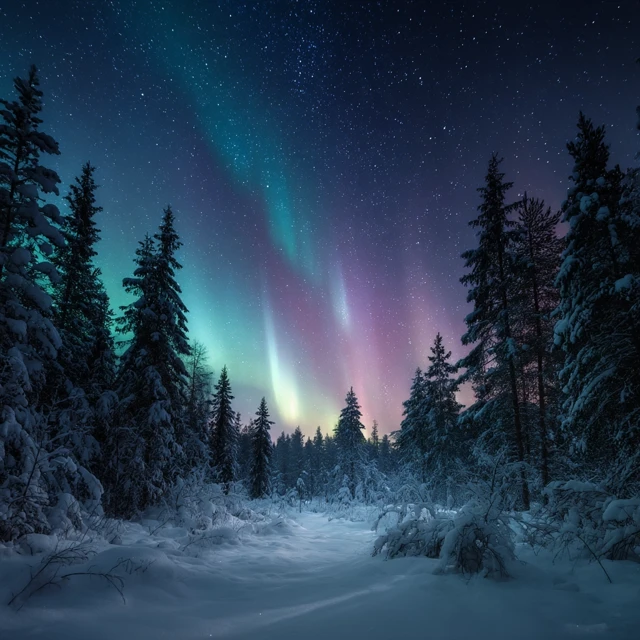 Northern Lights Over Snowy Forest