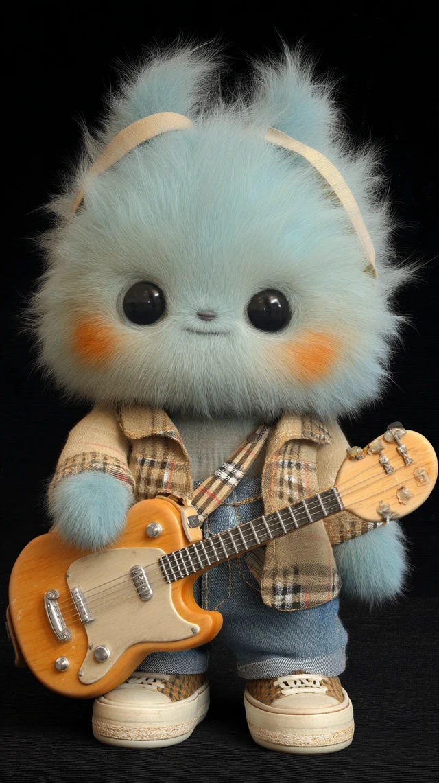 Cute Plush Labubu Monster Playing Guitar in Burberry