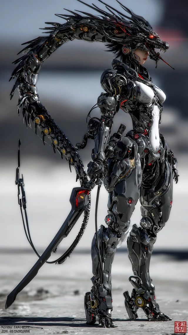 Cyberpunk Anime Cyborg Battle Ready With Dragon Sword