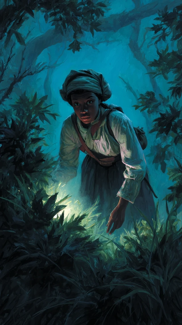Harriet Tubmans Escape Through the Forest at Night