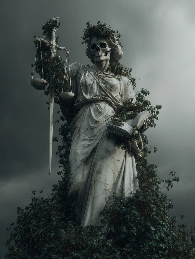 Decayed Justice Statue in a Wasteland