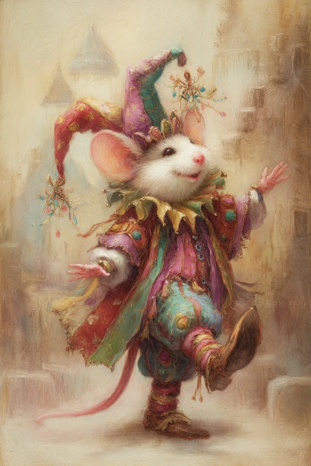 Dormouse Jester in Colorful Costume and Boots
