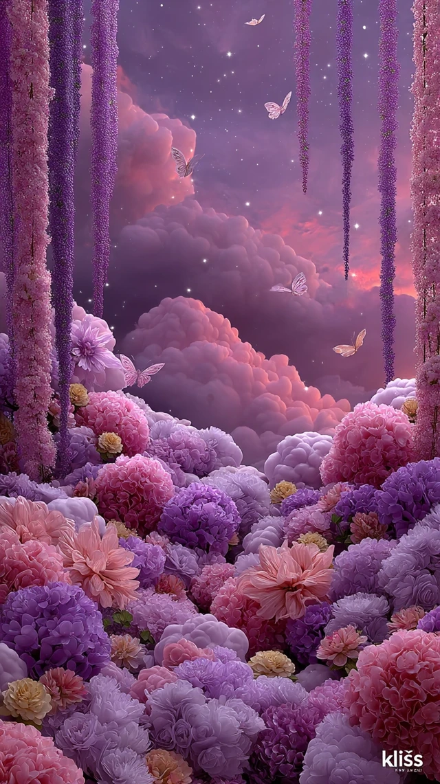 Magical Fantasy Landscape with Flowers and Clouds