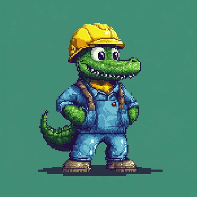 Pixel Art Crocodile in Yellow Helmet Blue Clothes
