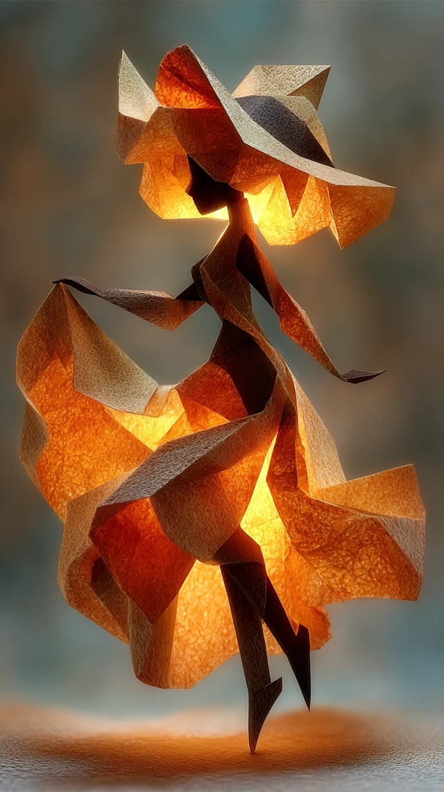 Origami Dancer Geometric Shadows Amber Silhouettes