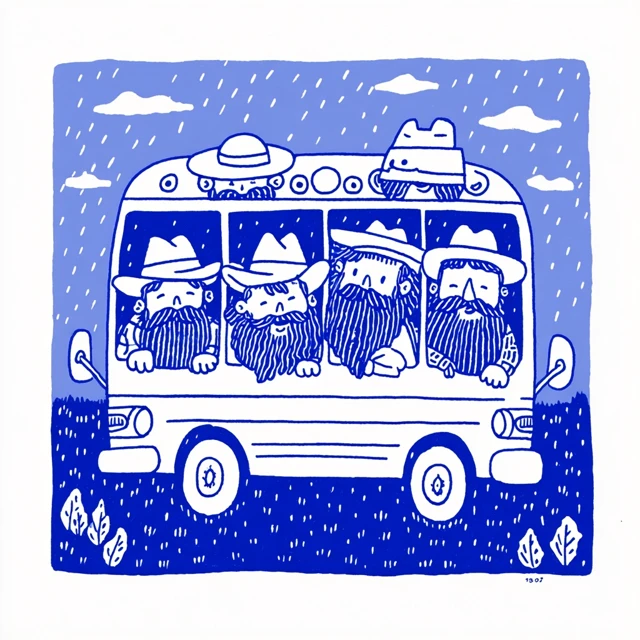 Rabbis on a Bus in the Rain Illustration