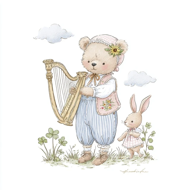Vintage Fairytale Teddy Bear and Bunny Illustration