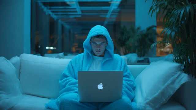 Gen Z in Oversized Blue Outfit with MacBook in Office