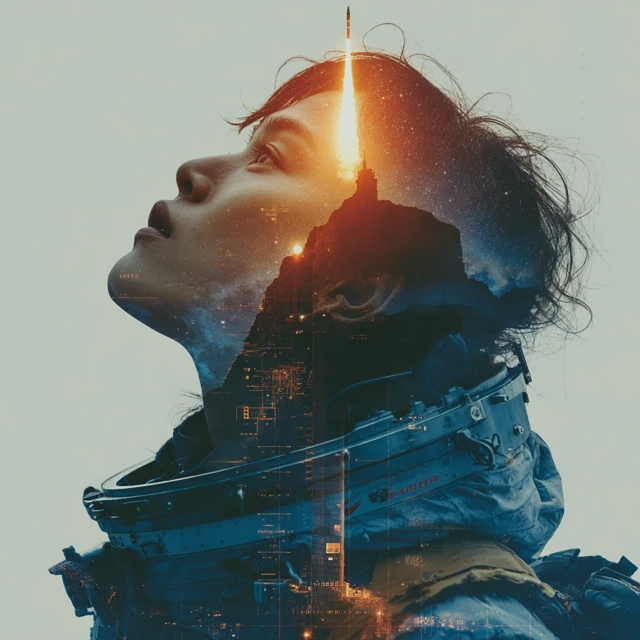Asian Scientist Space Double Exposure Portrait