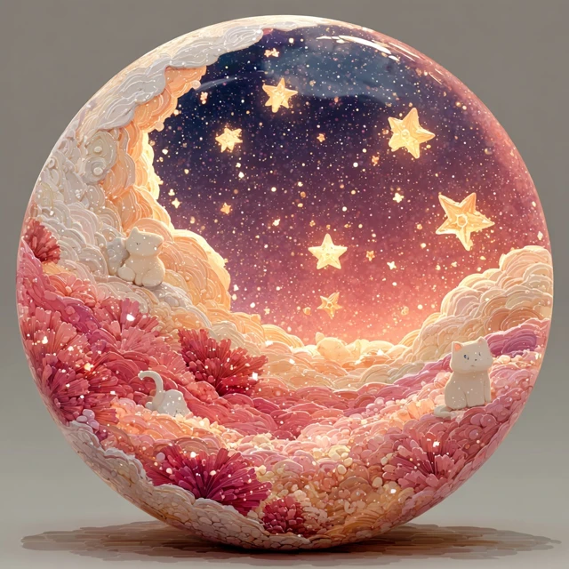 Cute Cartoon Scene Moon Stars Cats in Glass Ball