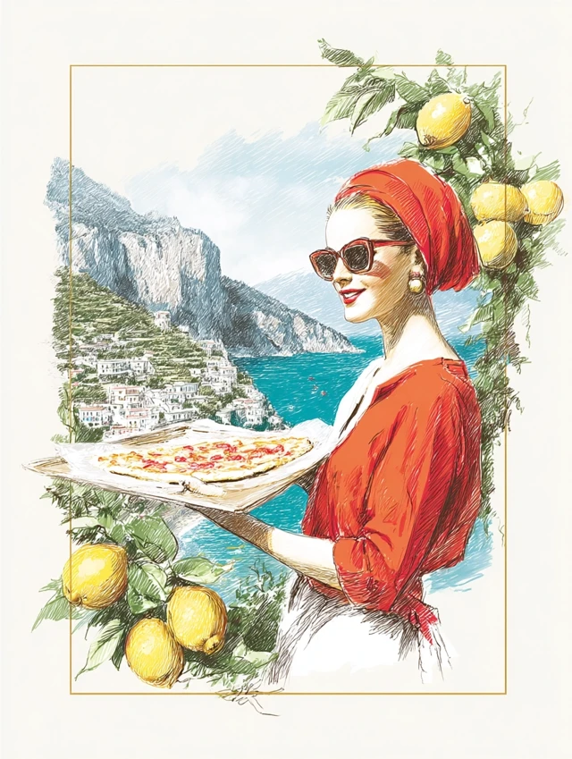 Italian Woman with Pizza Capri Coast Vintage Art