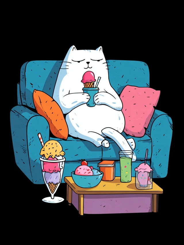 Cute Cat Enjoying Ice Cream Cartoon Illustration