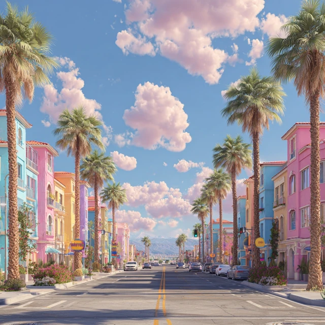 California Street Scene with Palm Trees and Colorful Buildings