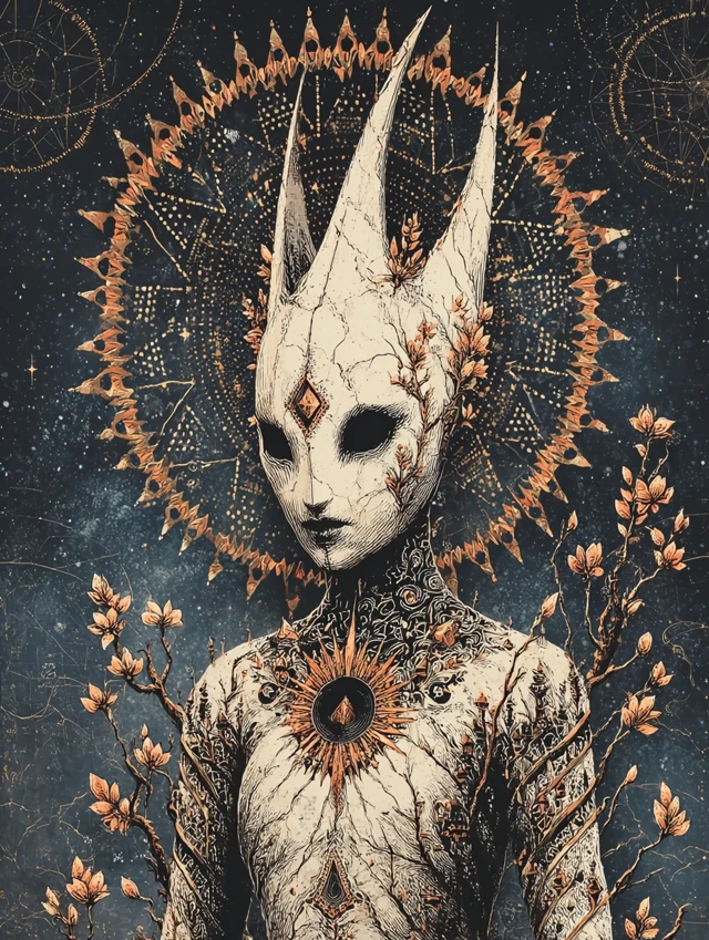 Surreal Humanoid Geometric Halo Illustration